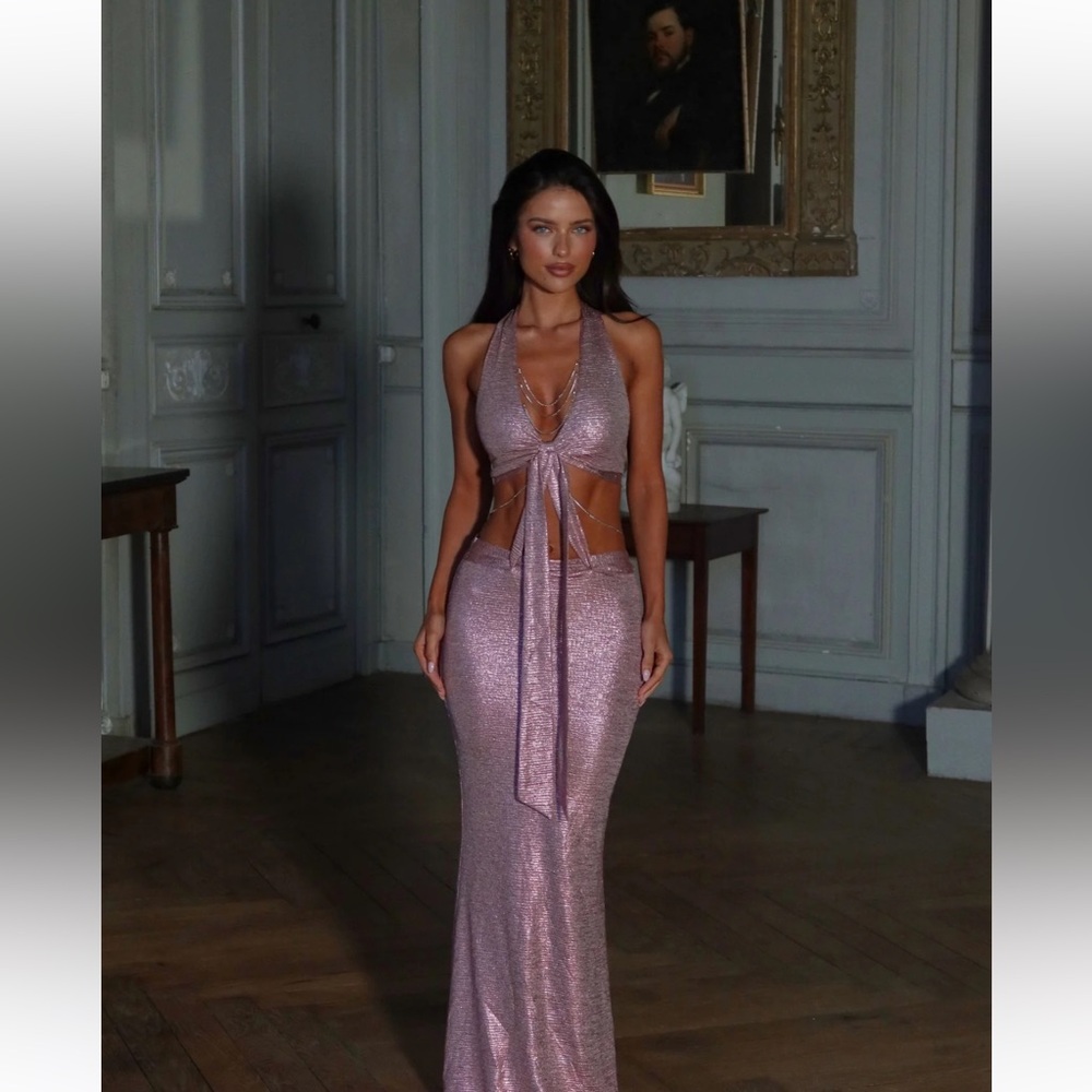 Shimmering Halter Maxi Dress in Rose Pink